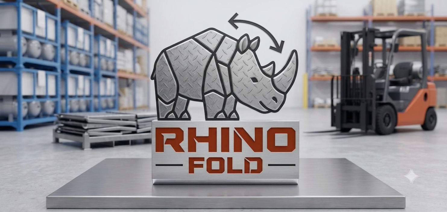 RhinoFold badge on a steel plate in a warehouse with folded racks and a forklift